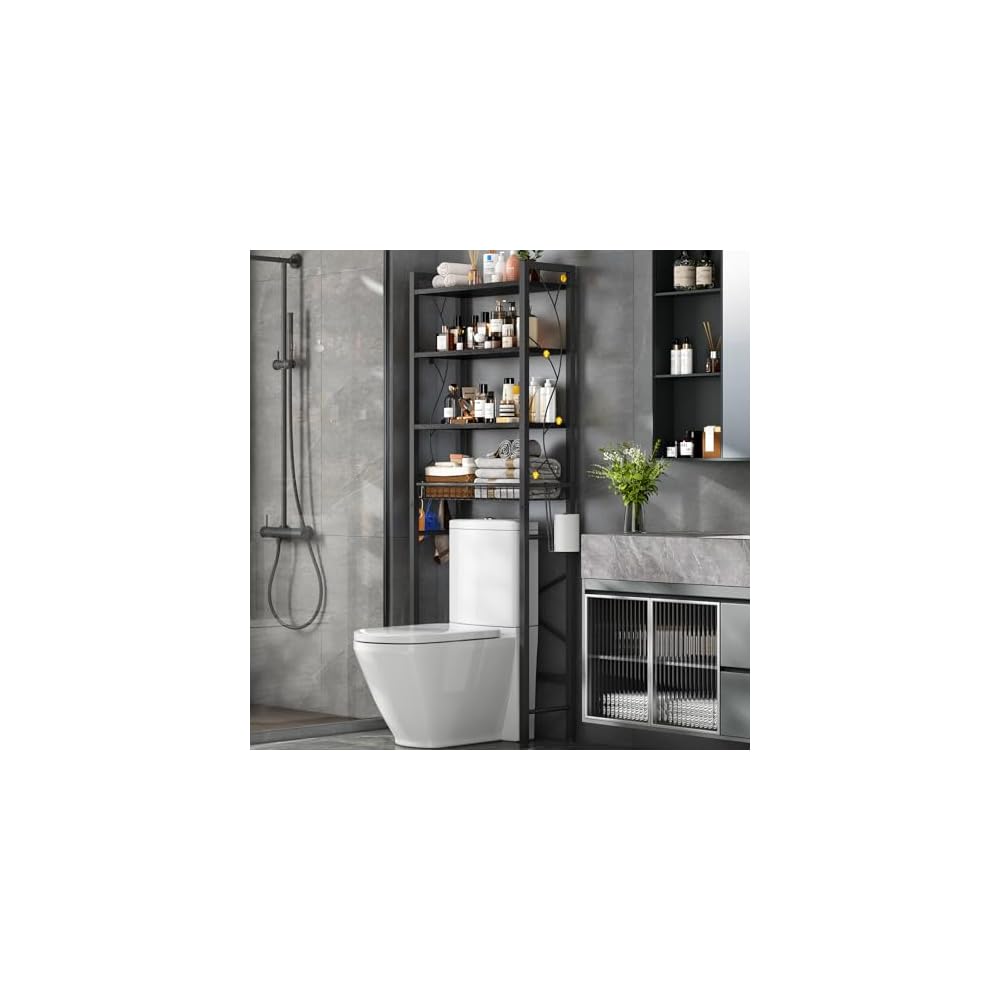 Over-The-Toilet Storage Rack, 4-Tier Bathroom Organizer Shelf Over Toilet with Adjustable Shelf and Basket, Freestanding Space Saver Bathroom Shelves Above Toilet for Room (Rustic Brown)
