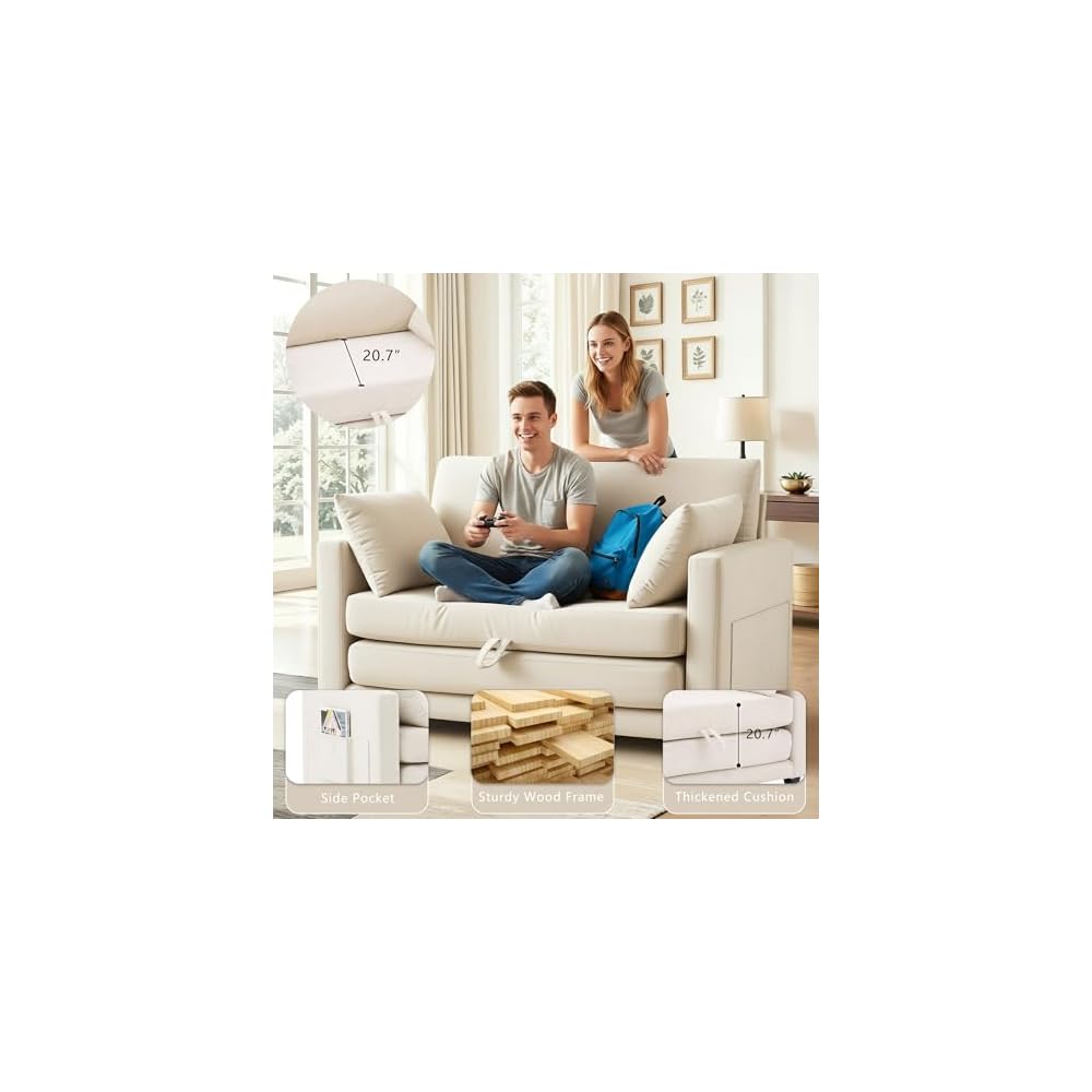 52" Loveseat Sleeper Sofa Bed, Convertible Small Pull Out Couch with Solid Back, 2 Pillows, Modern Upholstered Loveseat for Compact Living Room, Apartment, Bedroom, Beige