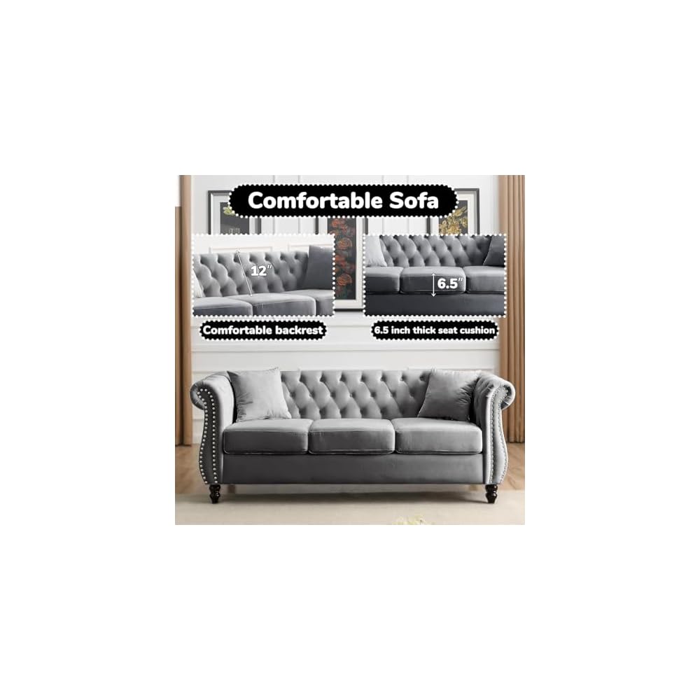 80" Chesterfield Velvet Sofa for Living Room, 3 Seater Sofa Tufted Couch with Rolled Arms and Nailhead for Living Room, Bedroom, Office,Grey