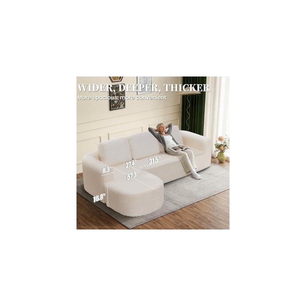 108” Modular Sectional Sofa, Boneless Couches for Living Room, Deep Seat L-Shape Cloud Couch with Chaise,Comfy Sofa Freely Change Configurations No Assembly Required,Soft Plush Corduroy Fabric(Beige)