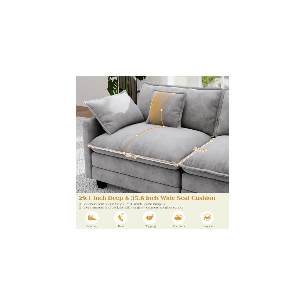Hanherry Modular Sectional Sofa,Cloud Couch for Living Room,Modern Deep Seat Sofa Chenille Fabric Comfy Couches with Throw Pillows & Movable Ottoman for Apartment