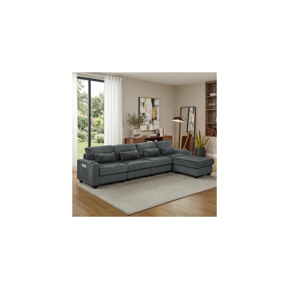 L-Shaped Corduroy Sectional Sofa with Ottoman, Dark Gray