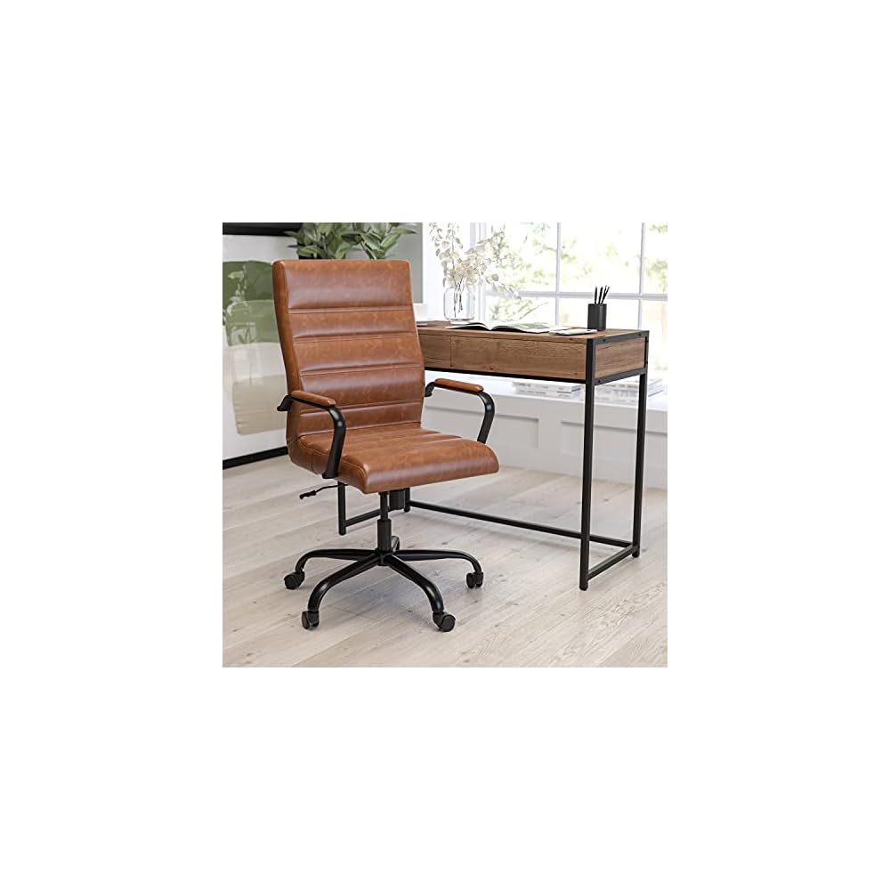 Merrick Lane Milano Contemporary High-Back Brown Faux Leather Home Office Chair with Padded Black Arms