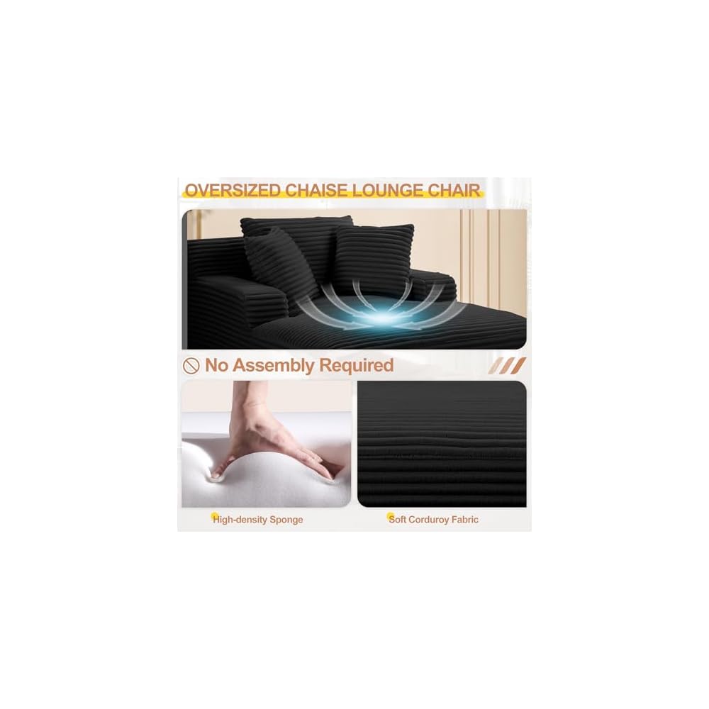 67" Oversized Chaise Lounge Chair Indoor, Corduroy Boneless Chaise Lounge Sofa Chair with Pillows & Wide Armrest, Deep Seat Fluffy Reading Chairs, Small Cloud Couches for Living Room, Black
