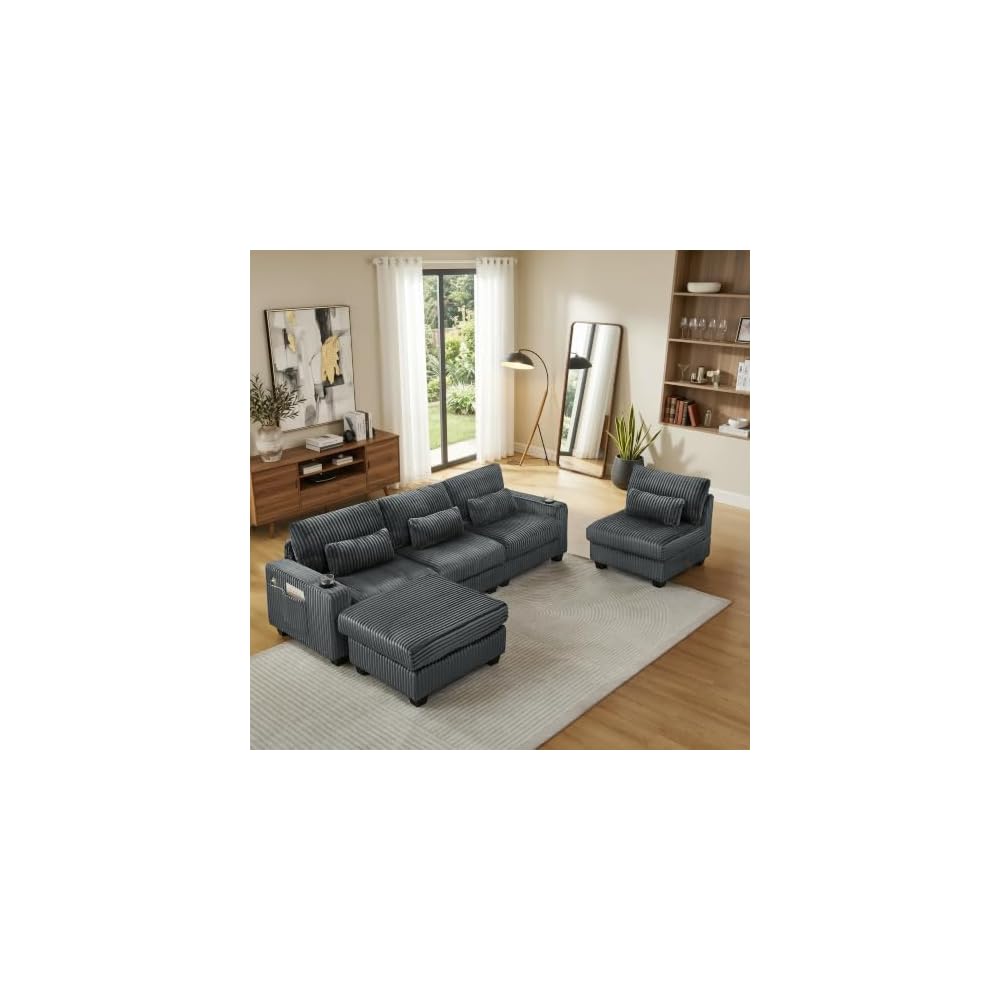 L-Shaped Corduroy Sectional Sofa with Ottoman, Dark Gray