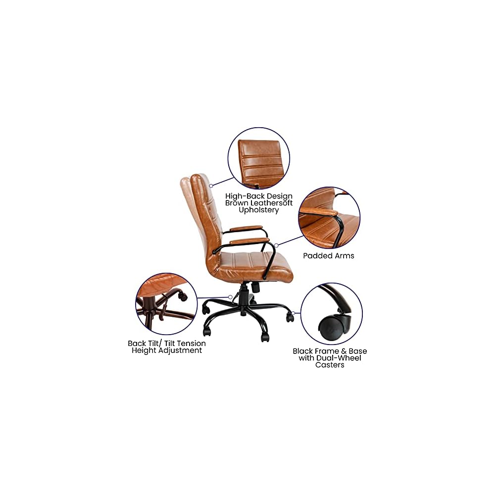 Merrick Lane Milano Contemporary High-Back Brown Faux Leather Home Office Chair with Padded Black Arms