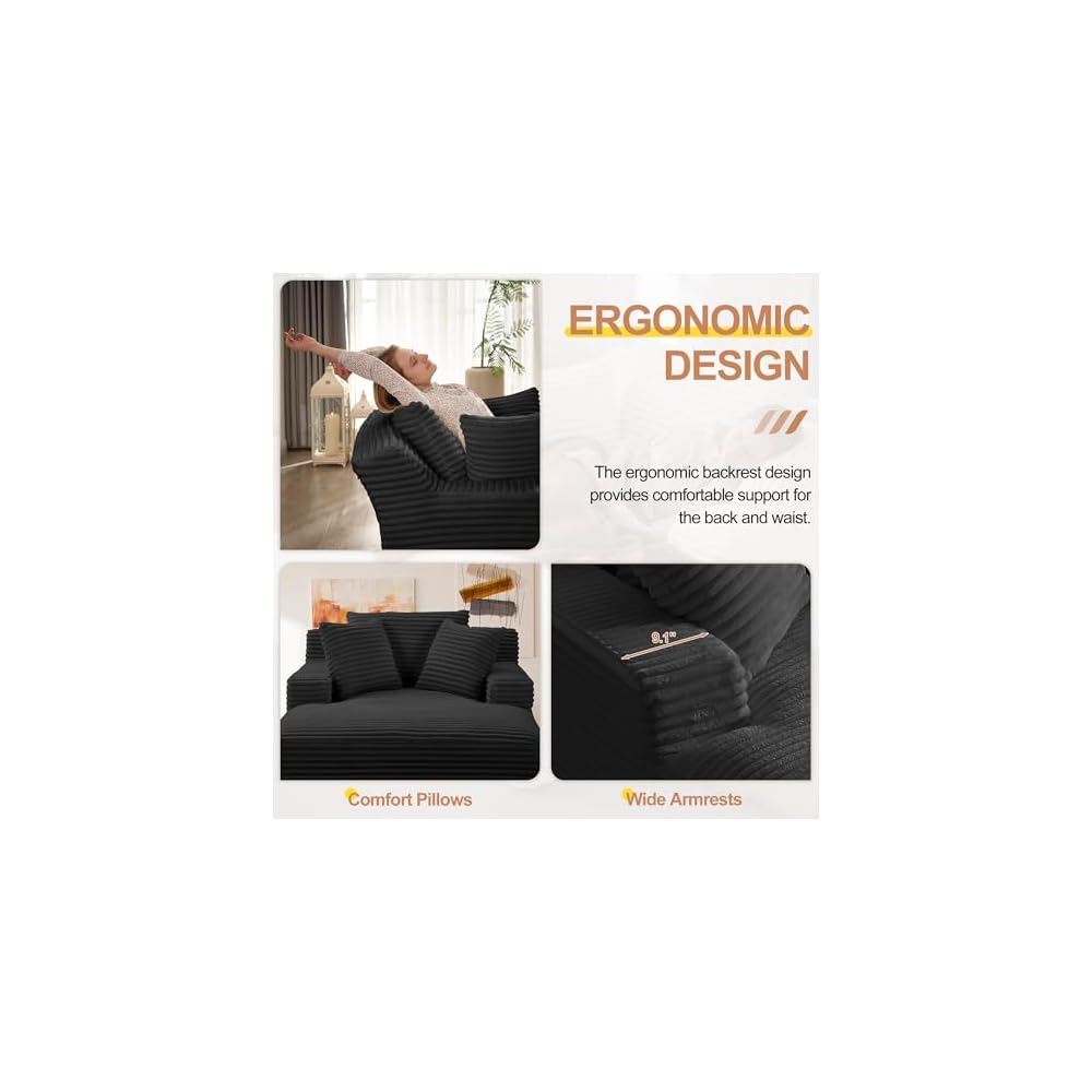 67" Oversized Chaise Lounge Chair Indoor, Corduroy Boneless Chaise Lounge Sofa Chair with Pillows & Wide Armrest, Deep Seat Fluffy Reading Chairs, Small Cloud Couches for Living Room, Black