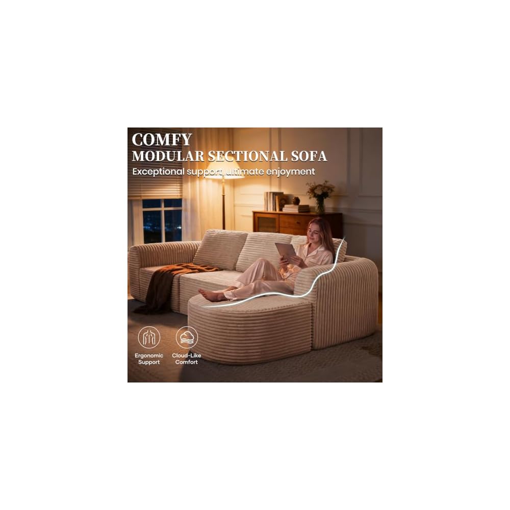 108” Modular Sectional Sofa, Boneless Couches for Living Room, Deep Seat L-Shape Cloud Couch with Chaise,Comfy Sofa Freely Change Configurations No Assembly Required,Soft Plush Corduroy Fabric(Beige)