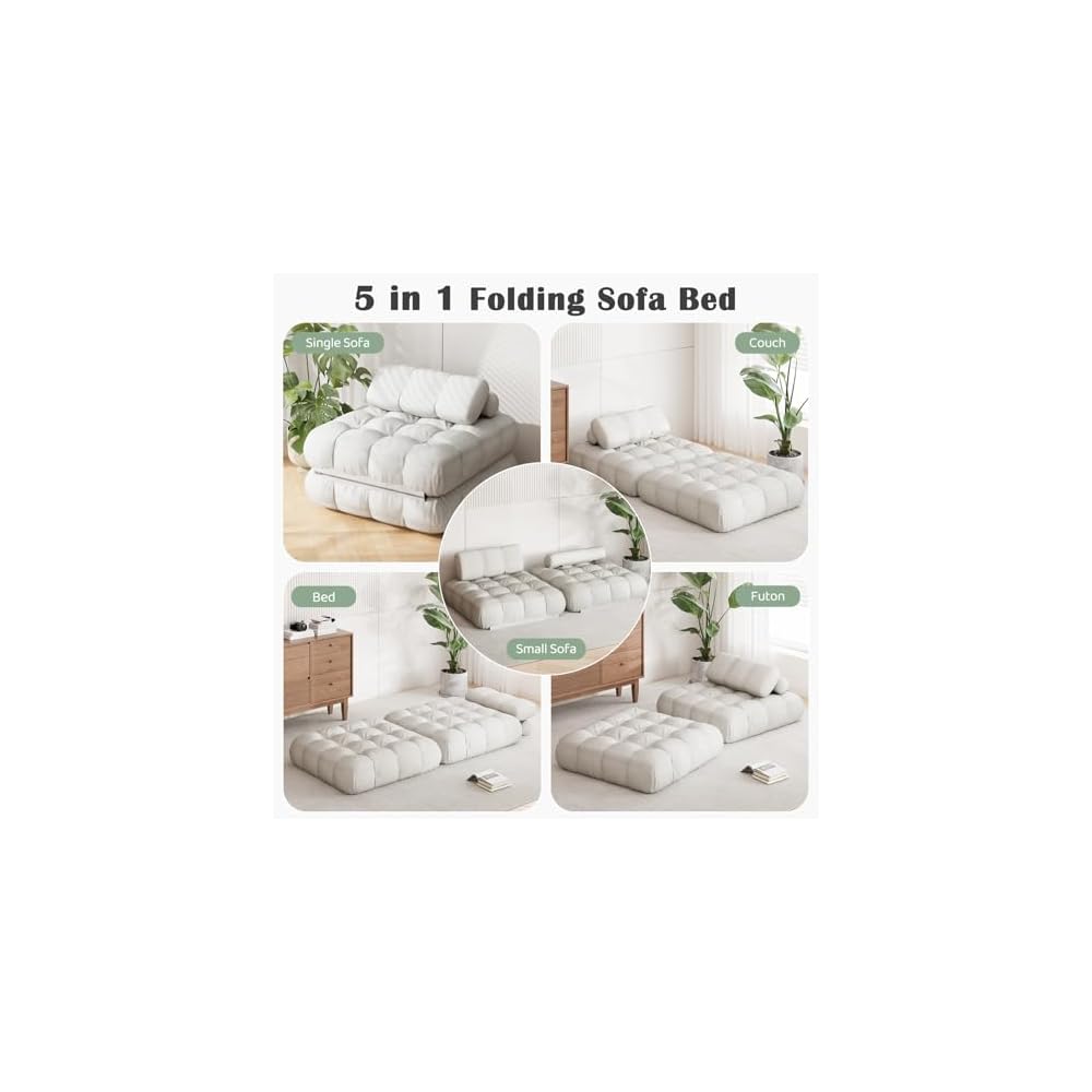 3-in-1 Folding Sofa Bed, 35.4" Convertible Sleeper Chair Bed with Pillow Back Support, Portable Pull Out Velvet Futon Lounge Couch, Comfy Floor Mattress for Living Room Bedroom - White, Single