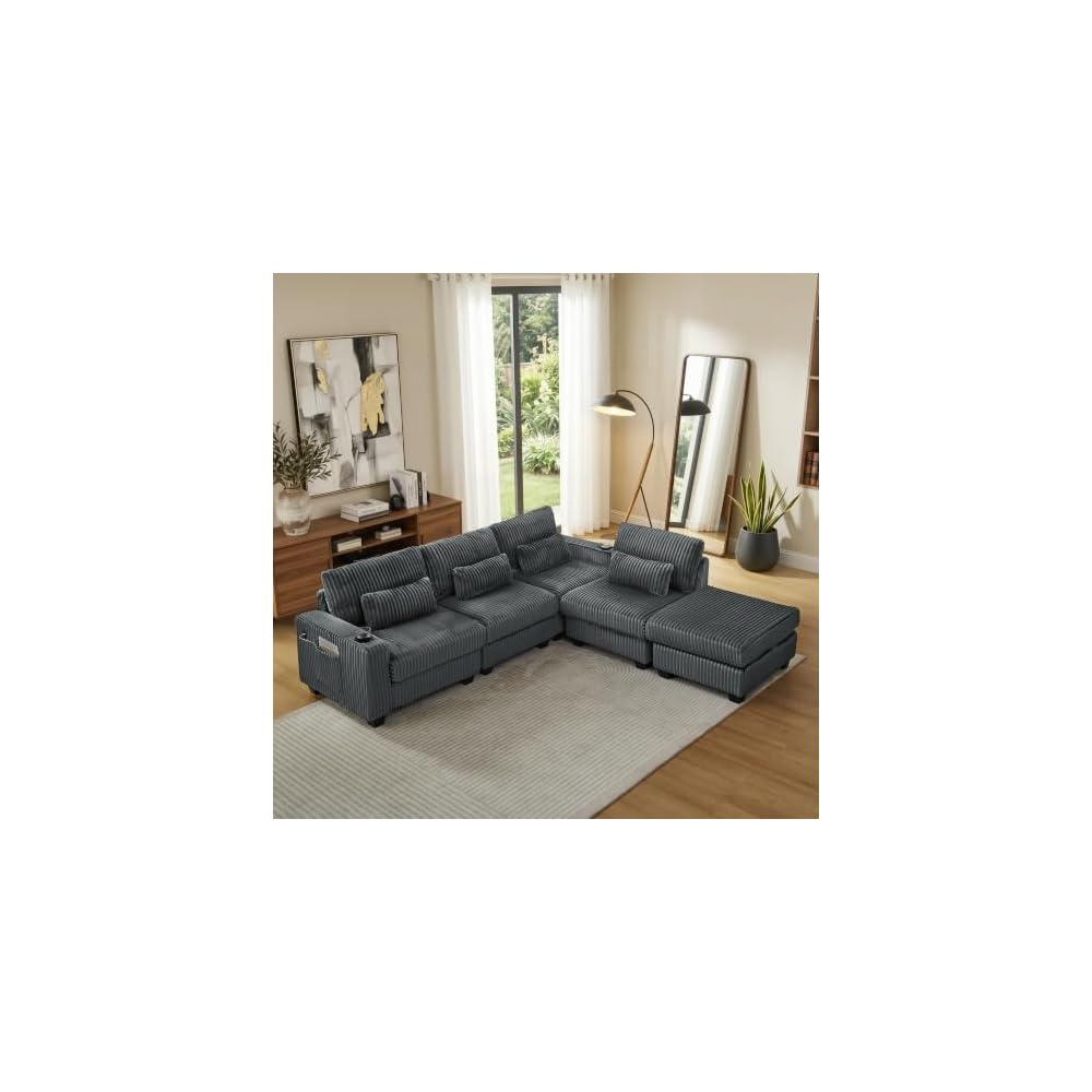 L-Shaped Corduroy Sectional Sofa with Ottoman, Dark Gray