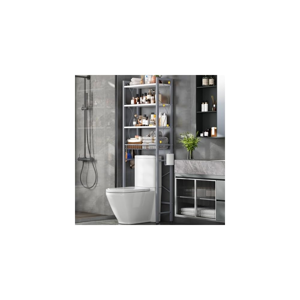 Over-The-Toilet Storage Rack, 4-Tier Bathroom Organizer Shelf Over Toilet with Adjustable Shelf and Basket, Freestanding Space Saver Bathroom Shelves Above Toilet for Room (Rustic Brown)