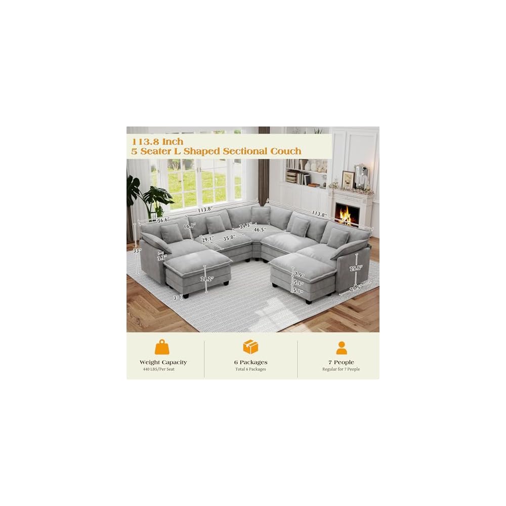 Hanherry Modular Sectional Sofa,Cloud Couch for Living Room,Modern Deep Seat Sofa Chenille Fabric Comfy Couches with Throw Pillows & Movable Ottoman for Apartment