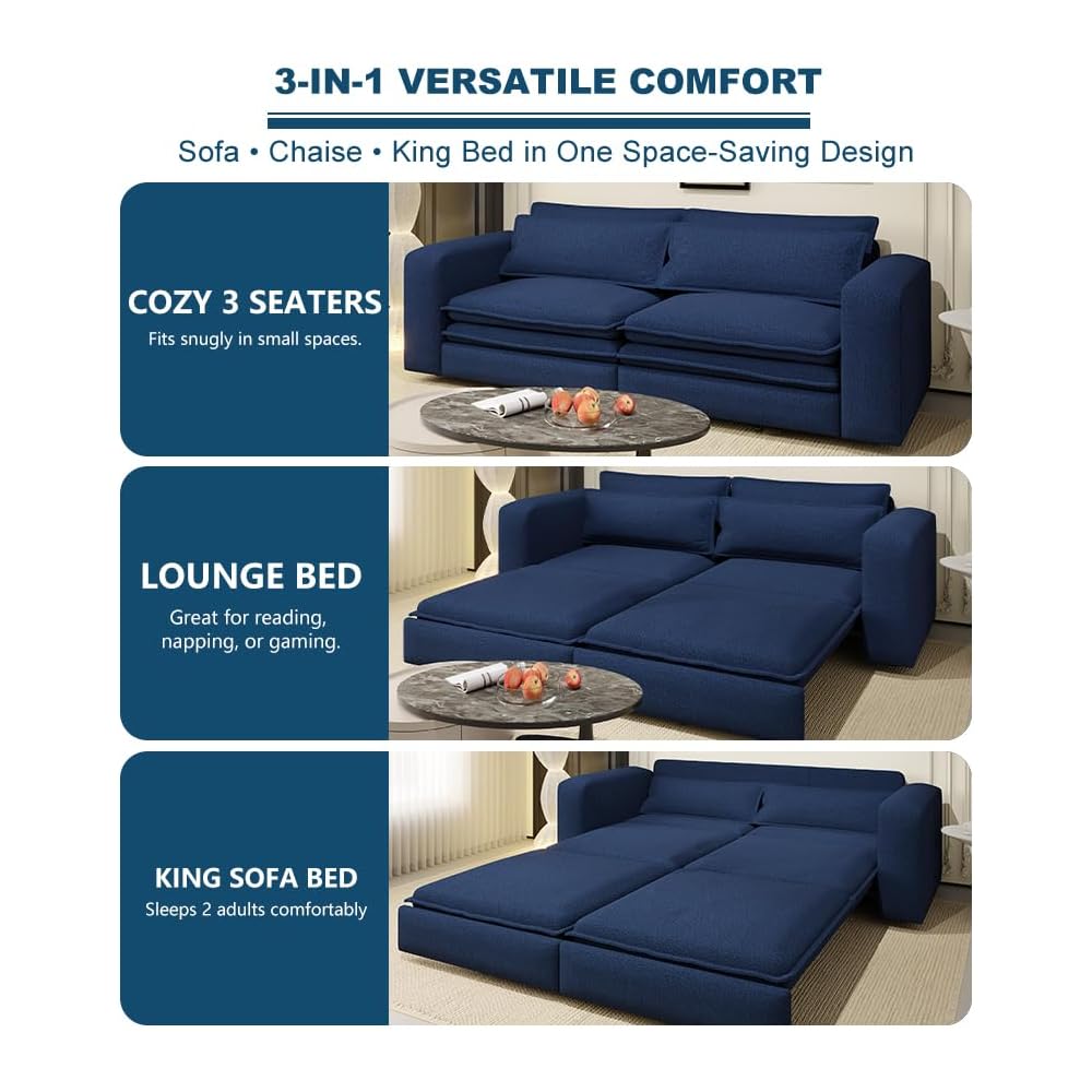 93" Sleeper Sofa Bed King Size, Boucle Pull Out Couch, Blue