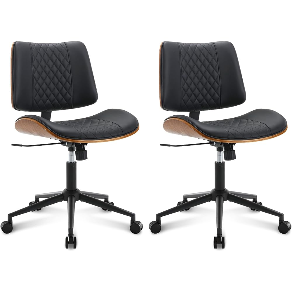 Home Office Chair No Arms with Wheels, Mid Back Walnut Style,Black-2