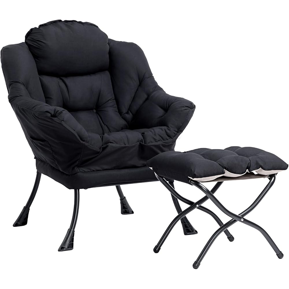 HollyHOME Lazy Chair with Foldable Ottoman, Accent Comfy Lounge Armchair and Folding Footrest Stool, Leisure Sofa Reading Chair and Footstool for Living Room, Bedroom, Dorm,Black