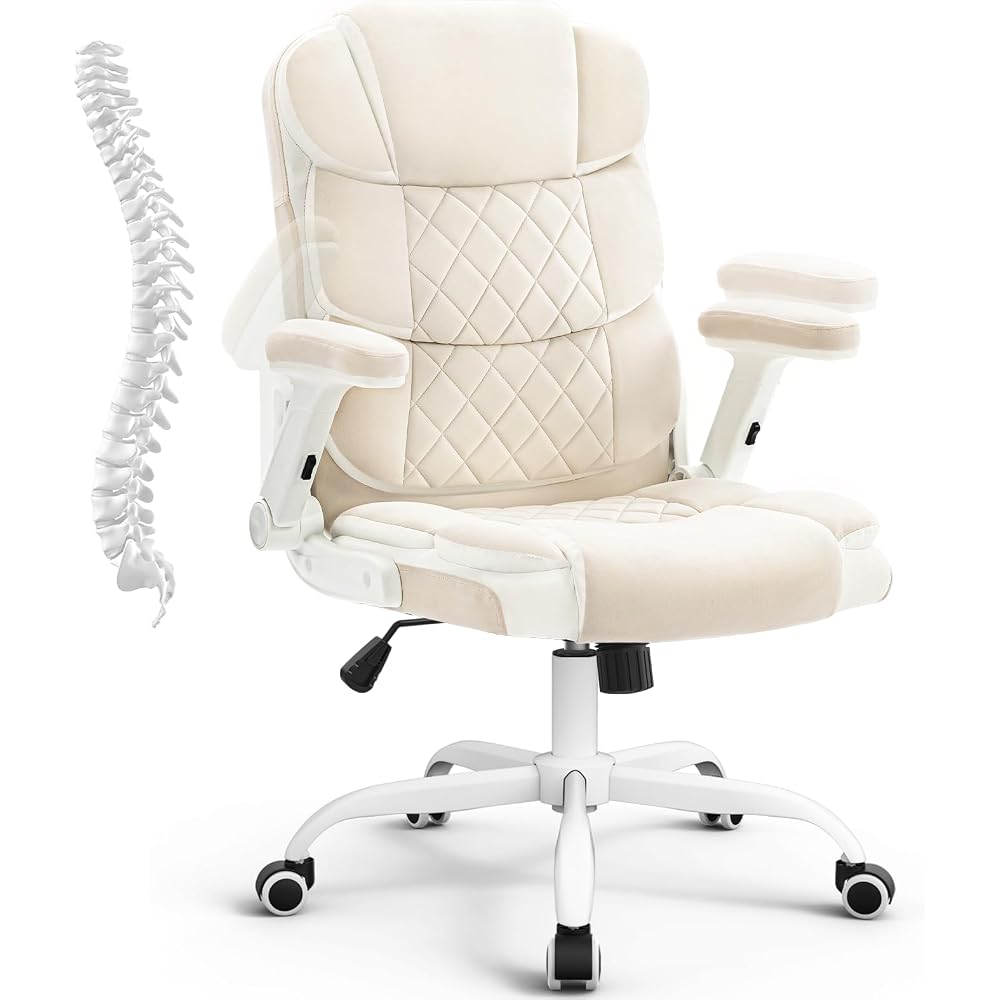 SEATZONE White Office Chair -Beige Velvet Ergonomic Adjustable Computer Chair with Wheels and Flip-up Arms,Small Comfy Executive Work Chair for Home Office