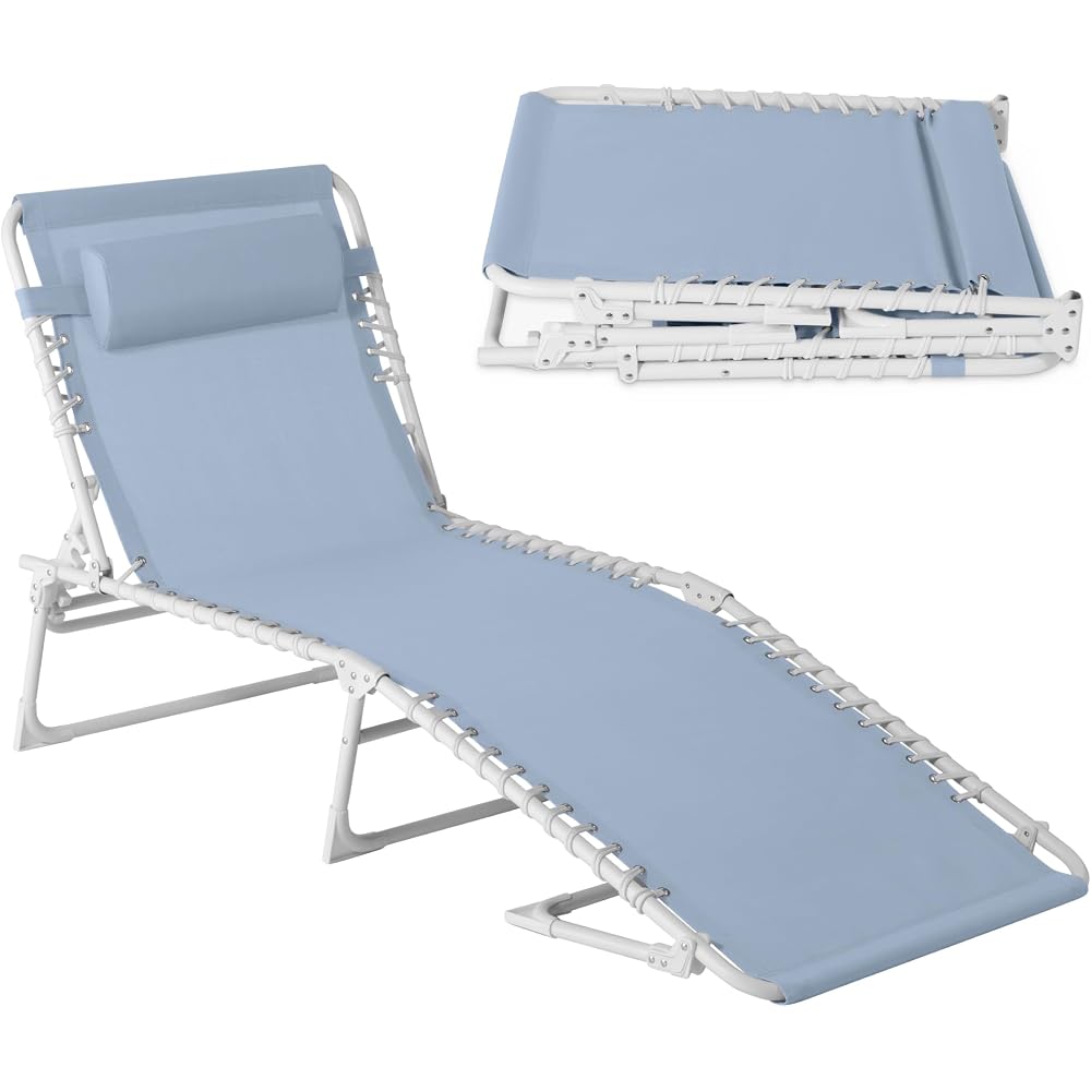 Best Choice Products Patio Chaise Lounge Chair, Portable Outdoor Folding Recliner for Lawn, w/ 8 Positions, Handles, 300lb Capacity - French Blue/White
