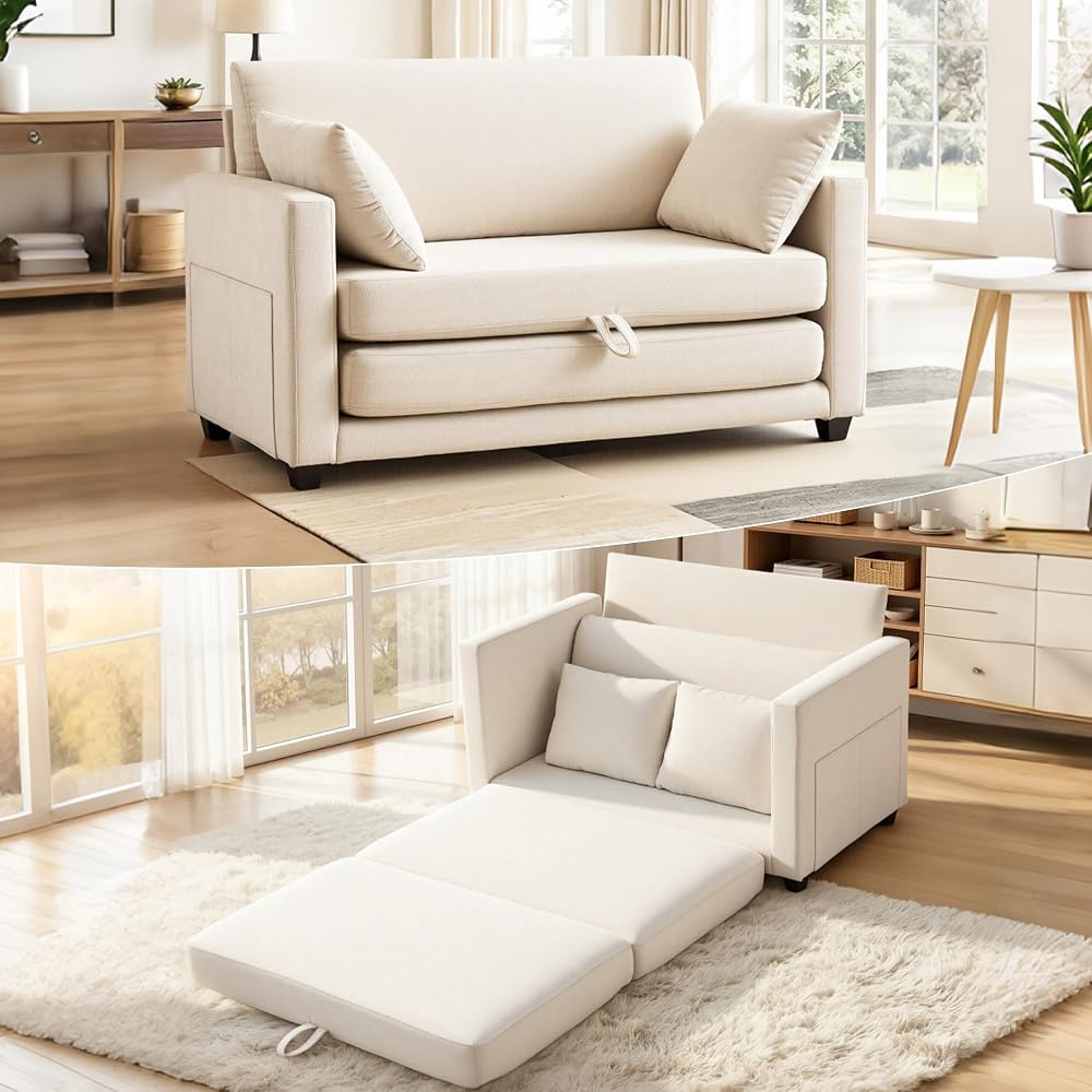 52" Loveseat Sleeper Sofa Bed, Convertible Small Pull Out Couch with Solid Back, 2 Pillows, Modern Upholstered Loveseat for Compact Living Room, Apartment, Bedroom, Beige