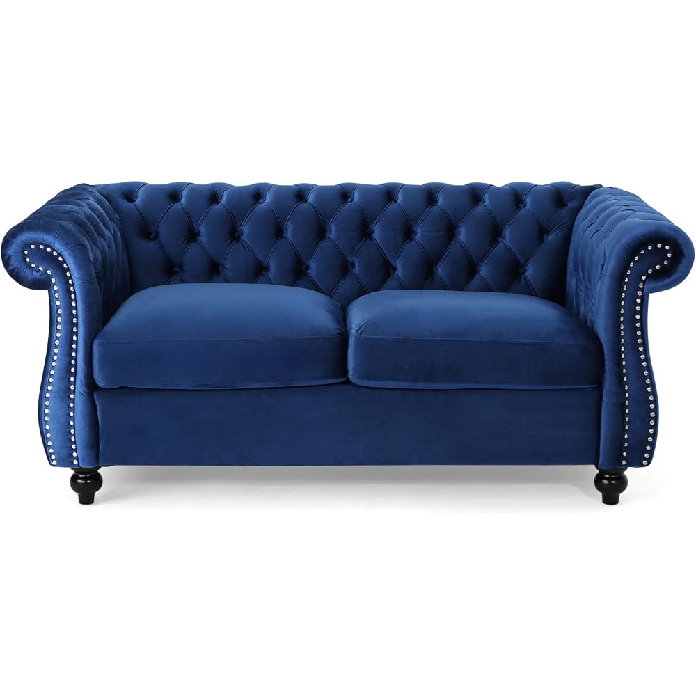 Christopher Knight Home Karen Traditional Chesterfield Loveseat Sofa, Navy Blue and Dark Brown, 61.75 x 33.75 x 27.75