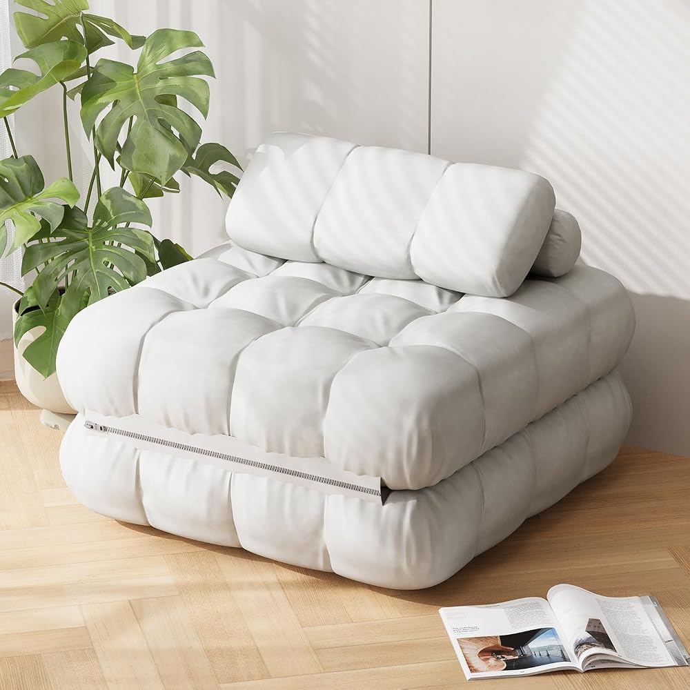 3-in-1 Folding Sofa Bed, 35.4" Convertible Sleeper Chair Bed with Pillow Back Support, Portable Pull Out Velvet Futon Lounge Couch, Comfy Floor Mattress for Living Room Bedroom - White, Single