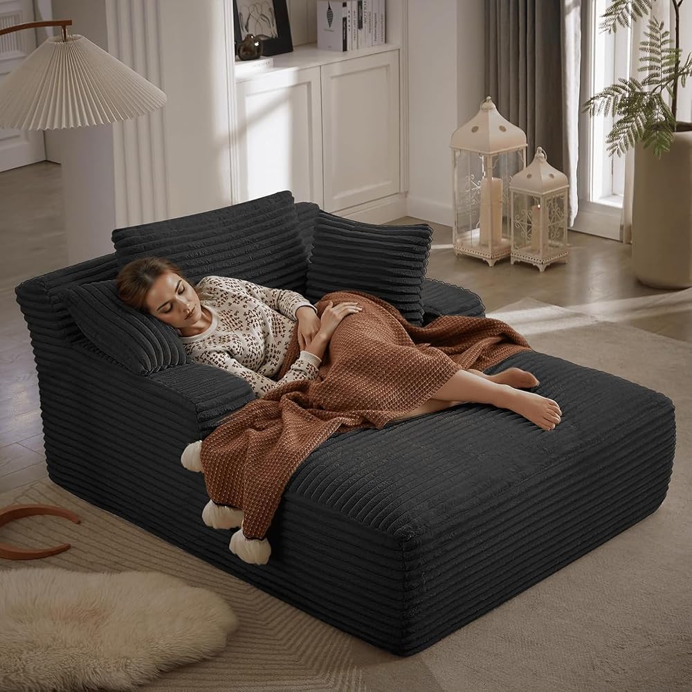 67" Oversized Chaise Lounge Chair Indoor, Corduroy Boneless Chaise Lounge Sofa Chair with Pillows & Wide Armrest, Deep Seat Fluffy Reading Chairs, Small Cloud Couches for Living Room, Black