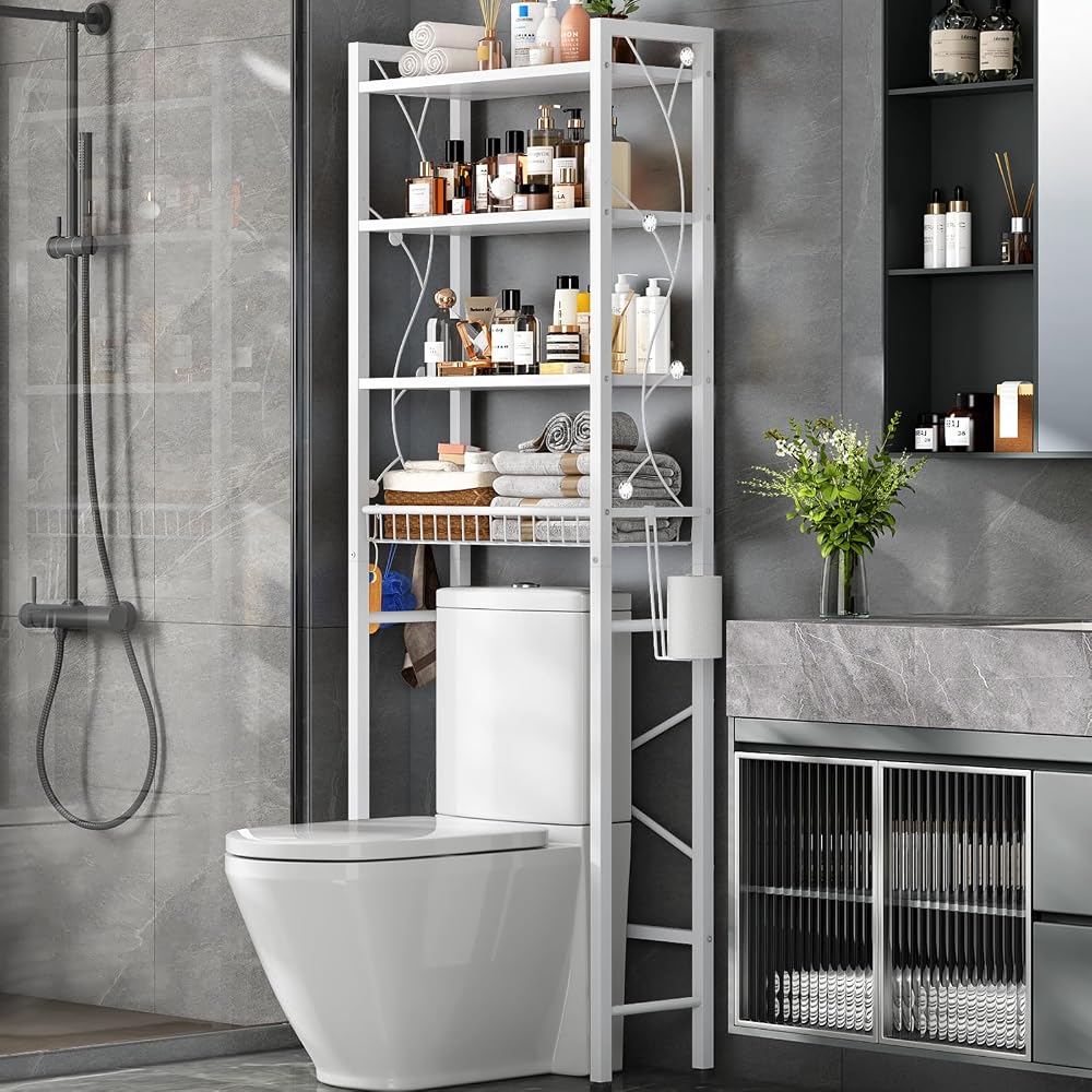 Over-The-Toilet Storage Rack, 4-Tier Bathroom Organizer Shelf Over Toilet with Adjustable Shelf and Basket, Freestanding Space Saver Bathroom Shelves Above Toilet for Room (Rustic Brown)