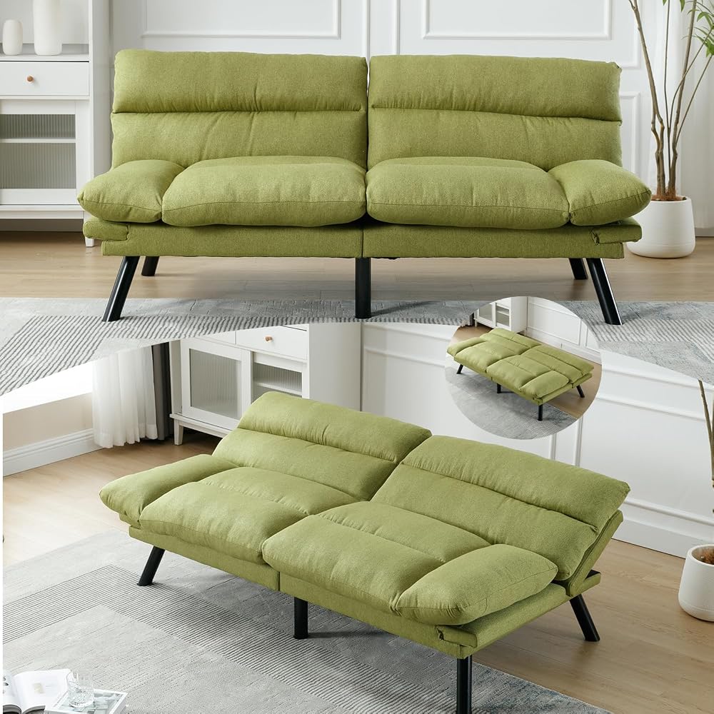 70"Modern Linen Convertible Folding Futon Couch Sofa Bed Adjustable Pillow Top Arm Memory Foam Couch Double Loveseat Sofa for Compact Living Space,Dorm,Game Studio,Apartment,Bedroom (Green)
