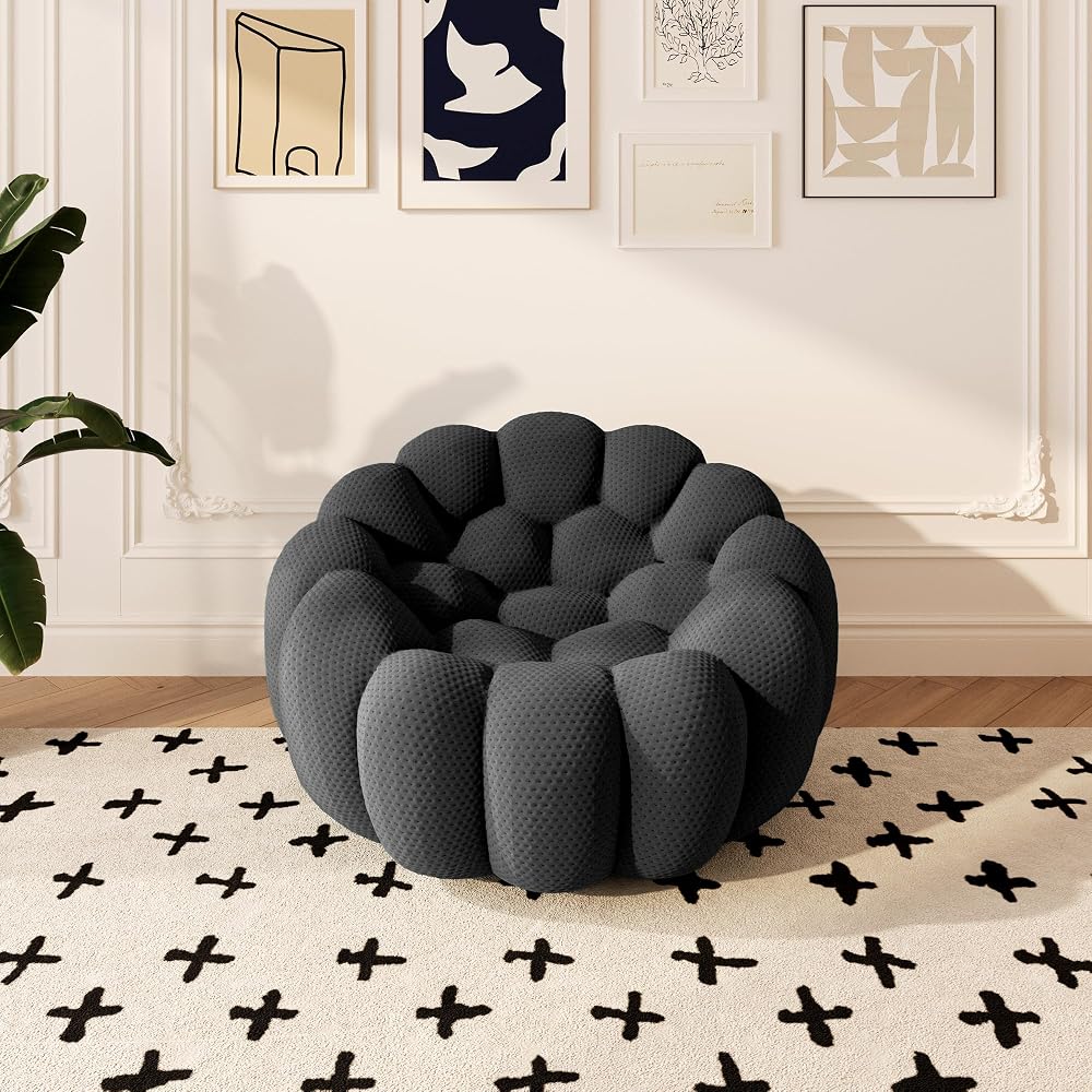 49.21'' Bubble Sofa, Oversized Bubble Couch Chair, Comfy Upholstered Mesh Fabric Floor Sofa, 3D Honeycomb Shape Modern Curved Couch for Living Room, Apartment, Small Space (Grey, 1 Seater)