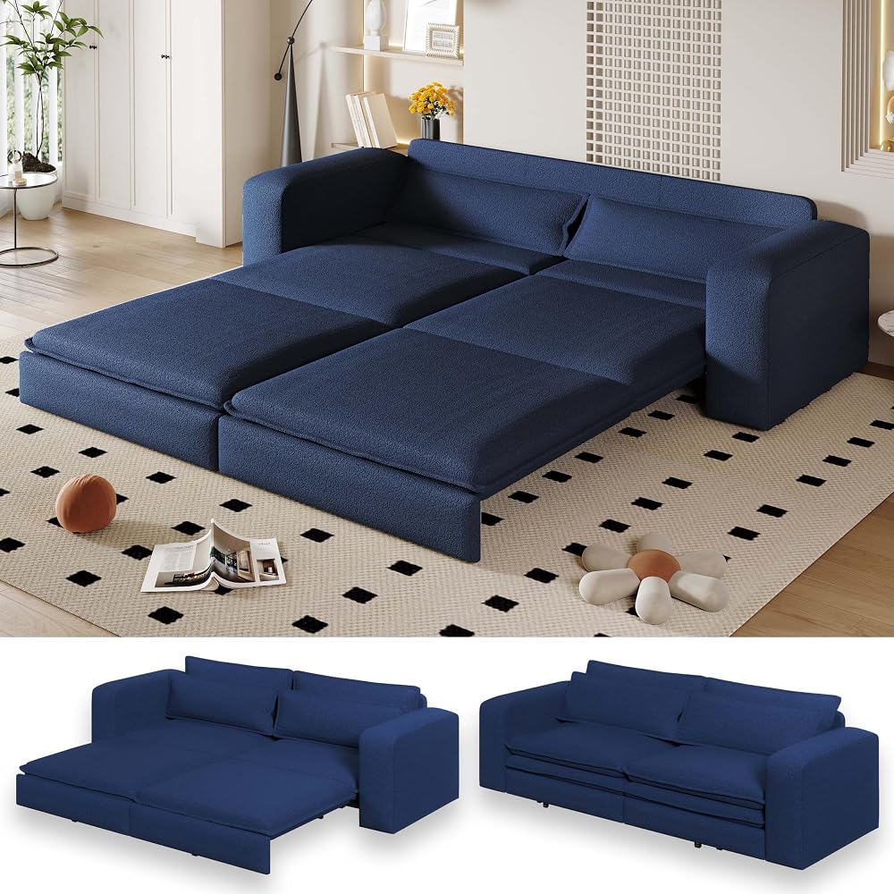 93" Sleeper Sofa Bed King Size, Boucle Pull Out Couch, Blue