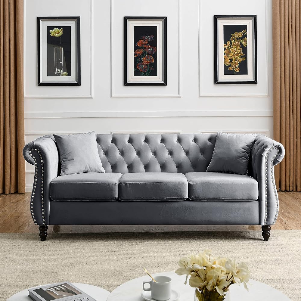 80" Chesterfield Velvet Sofa for Living Room, 3 Seater Sofa Tufted Couch with Rolled Arms and Nailhead for Living Room, Bedroom, Office,Grey
